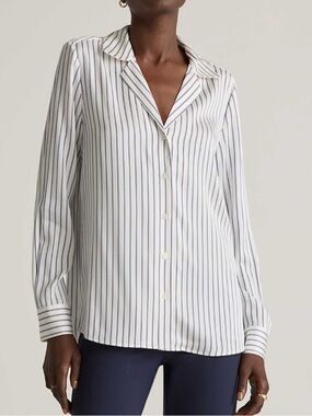 New - Quince Washable Stretch Silk Notch Collar Blouse Blue White Stripe